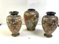 A PAIR OF EARLY 20TH CENTURY SATSUMA VASES, 30CMS AND A SINGLE DITTO, 30CMS