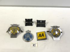 THREE AA CAR BADGES, 1 RAC CAR BADGE, AND TWO RAC CAR BADGE BRACKETS