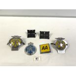 THREE AA CAR BADGES, 1 RAC CAR BADGE, AND TWO RAC CAR BADGE BRACKETS