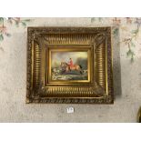 MODERN THICK GILT FRAMED STUDY OF A HUNTSMAN ON HORSEBACK AND HOUNDS, 24 X 19CMS