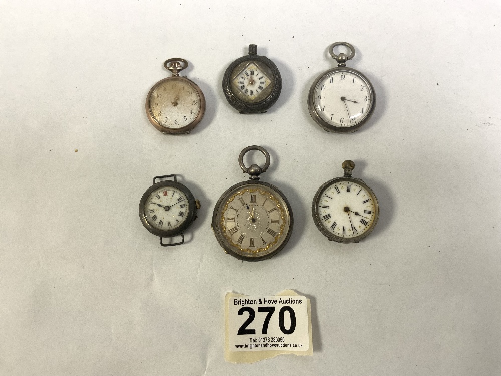 FIVE LADIES SILVER FOB WATCHES AND ONE OTHER