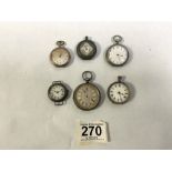 FIVE LADIES SILVER FOB WATCHES AND ONE OTHER