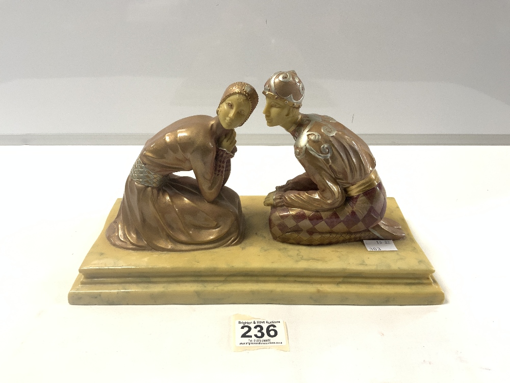 ART DECO PAINTED COMPOSITION GROUP OF TWO KNEELING LADIES ON A BASE, 31CMS