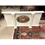 PAINTED AND EMBOSSED GESSO DECORATED OVERMANTEL MIRROR, WITH PILLAR SUPPORTS, 147 X 71CMS