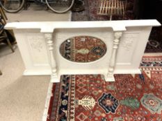 PAINTED AND EMBOSSED GESSO DECORATED OVERMANTEL MIRROR, WITH PILLAR SUPPORTS, 147 X 71CMS