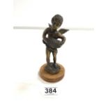 BRONZE FIGURE OF A WINGED CHERUB ON WOODEN BASE, 17CMS