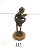 BRONZE FIGURE OF A WINGED CHERUB ON WOODEN BASE, 17CMS