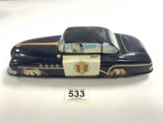 A VINTAGE TIN PLATE CLOCKWORK HIGHWAY PATROL CAR MADE IN GREAT BRITAIN 28 CMS