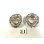 A PAIR OF VICTORIAN HALLMARKED SILVER PIERCED AND EMBOSSED HEART-SHAPED BON BON DISHES, BIRMINGHAM