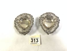 A PAIR OF VICTORIAN HALLMARKED SILVER PIERCED AND EMBOSSED HEART-SHAPED BON BON DISHES, BIRMINGHAM