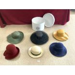 FOUR LADIES DESIGNER HATS BY JUAL, ANOTHER BY JOHN BOYD ROYAL MILINER - LONDON, AND A GENT'S