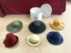 FOUR LADIES DESIGNER HATS BY JUAL, ANOTHER BY JOHN BOYD ROYAL MILINER - LONDON, AND A GENT'S