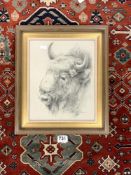 PENCIL SKETCH STUDY OF A HORNED BULL, SIGNED JAKUSZ LEWALD- JEJIERSKI, 26 X 32CMS