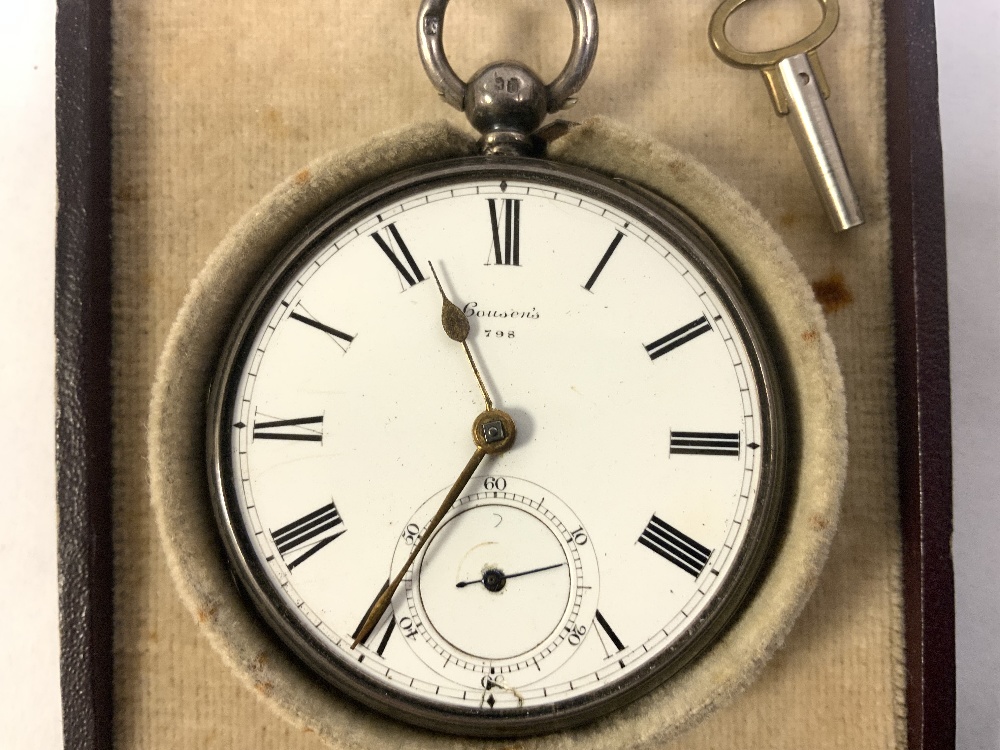 HALLMARKED SILVER KEY WIND POCKET WATCH WITH WHITE ENAMEL DIAL, MAKER COUSENS 796 IN CASE - Image 2 of 7