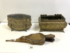 TWO EMBOSSED ORNATE BRASS JARDINIERES, ONE OVAL, AND ONE RECTANGULAR, AND A PAIR VICTORIAN OAK