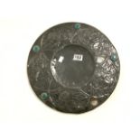 ARTS'N'CRAFTS HALLMARKED PEWTER CIRCULAR CHARGER WITH BLUE GLASS INSET BOSSES (1 MISSING)