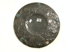 ARTS'N'CRAFTS HALLMARKED PEWTER CIRCULAR CHARGER WITH BLUE GLASS INSET BOSSES (1 MISSING)