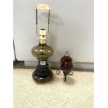 VINTAGE HOLMGAARD GREEN GLASS TABLE LAMP AND A IRON AND BRASS MID-CENTURY CANDLE HOLDER