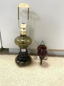 VINTAGE HOLMGAARD GREEN GLASS TABLE LAMP AND A IRON AND BRASS MID-CENTURY CANDLE HOLDER