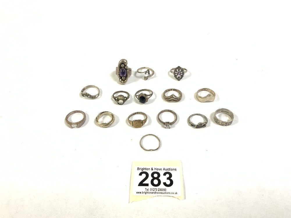 FIFTEEN SILVER RINGS - VARIOUS 35 GRAMS, ONE WITH AN AMETHYST SET
