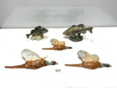 VINTAGE WALL-MOUNTED CERAMIC FLYING PHEASANTS BY BESWICK 661/3 WITH BEWICK FISH 1266