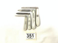 FOUR HALLMARKED SILVER AND MOTHER O PEARL FRUIT KNIVES