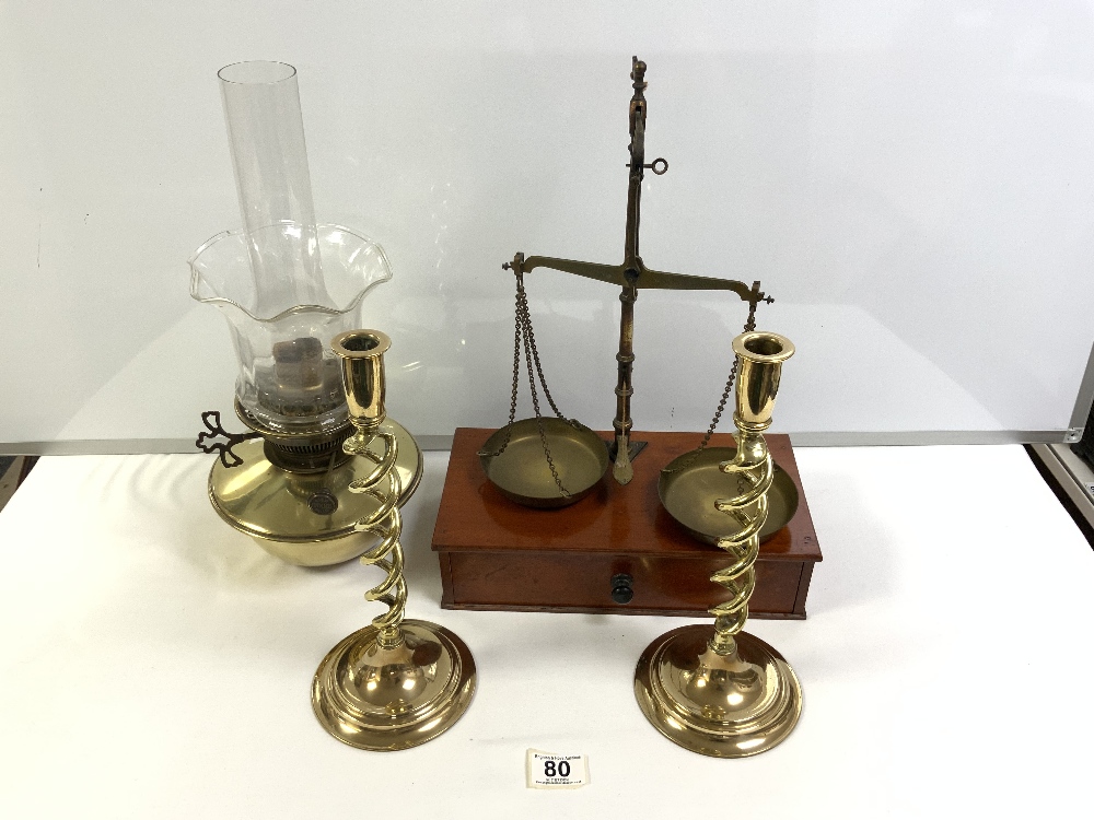 SET OF VICTORIAN MAHOGANY AND BRASS CHEMISTS SCALES, PAIR VICTORIAN BARLEY TWIST OPEN - Image 5 of 5