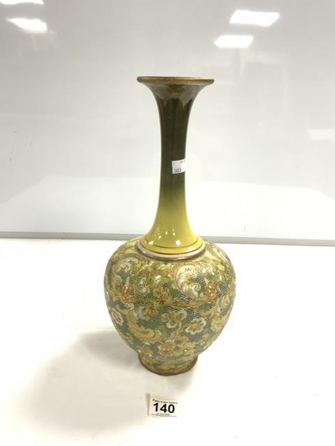 LARGE DOULTON LAMBETH GREEN GLAZED STONEWARE BOTTLE VASE, WITH GILT DECORATION, 40CMS