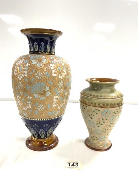 TALL DOULTON LAMBETH BLUE AND GOLD VASE, 35CMS, AND ANOTHER ROYAL DOULTON VASE GREEN AND CREAM - Image 3 of 6