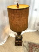 WOOD/BRASS AND GLASS COFFEE GRINDER CONVERTED TO TABLE LAMP, 58CMS