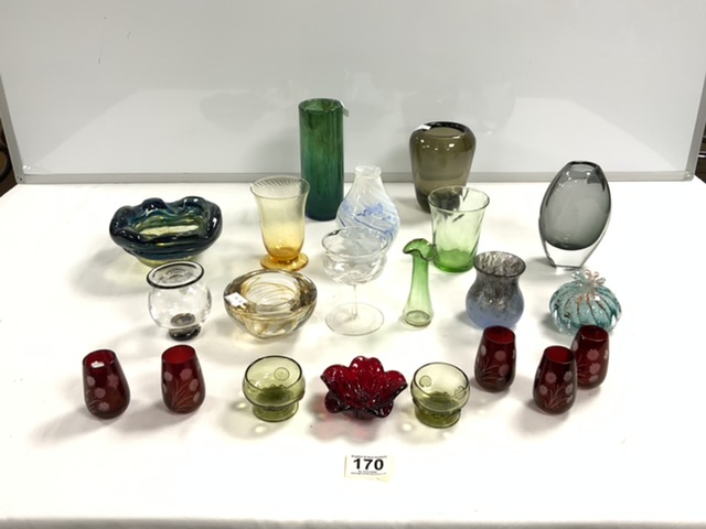 A QUANTITY OF MIXED STUDIO GLASSWARE, INCLUDES VASES, SCENT BOTTLE, DISH, RUBY GLASS, SHERRY