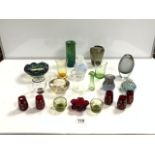 A QUANTITY OF MIXED STUDIO GLASSWARE, INCLUDES VASES, SCENT BOTTLE, DISH, RUBY GLASS, SHERRY