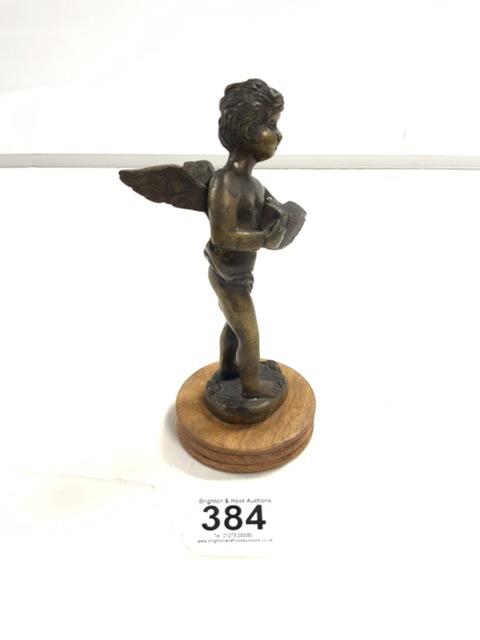 BRONZE FIGURE OF A WINGED CHERUB ON WOODEN BASE, 17CMS - Image 3 of 4