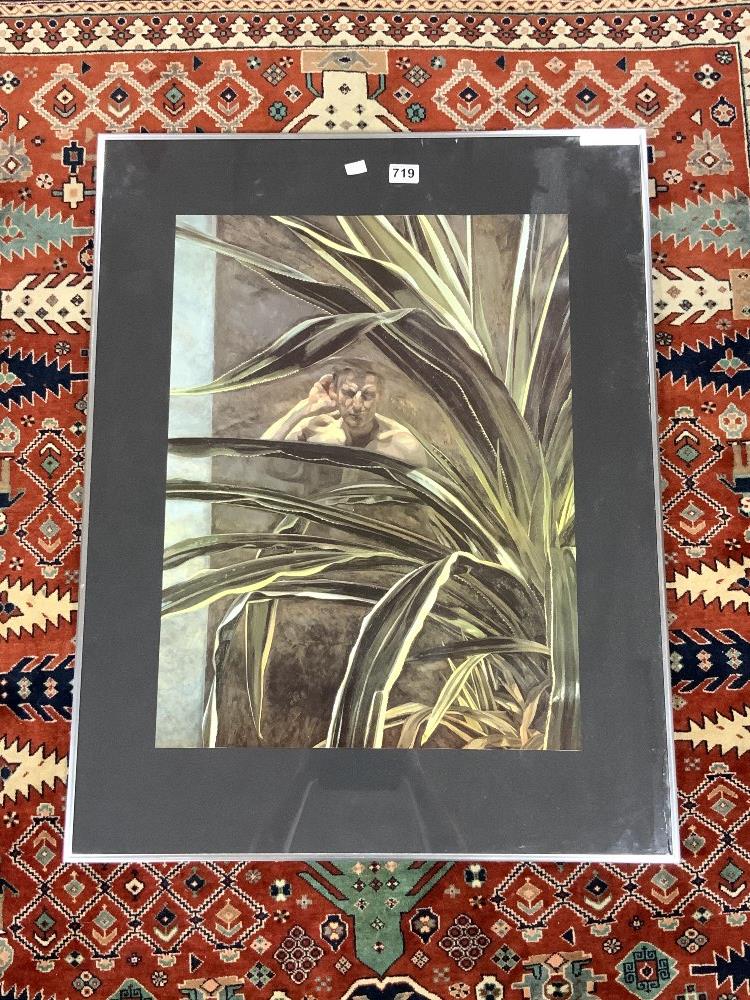 MODERN FRAMED PRINT OF A NUDE MAN BEHIND LEAVES, BY LUCIAN FREUD, 50 X 66CMS