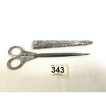 A PAIR OF VICTORIAN HALLMARKED SILVER ORNATE DECORATED SCISSORS IN SCABBARD, BIRMINGHAM 1897