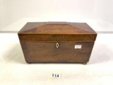 A REGENCY MAHOGANY SARCOPHAGUS-SHAPED TEA CADDY WITH LIDDED COMPARTMENTS, NO MIXING BOWL