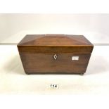 A REGENCY MAHOGANY SARCOPHAGUS-SHAPED TEA CADDY WITH LIDDED COMPARTMENTS, NO MIXING BOWL