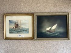 OIL ON CANVAS - SAILING BOAT IN A CHOPPY SEA, SIGNED MARCHINGTON, 30 X 40CMS WITH ONE WATERCOLOUR