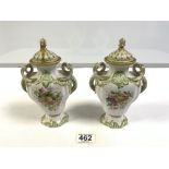 PAIR OF COPELAND SMALL LIDDED VASES HAND PAINTED A/F, 21CMS