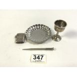 STERLING KINEDA 950 MARKED SCALLOP EDGED PIN TRAY, 42 GRAMS, SMALL SILVER EGG CUP, 28 GRAMS,