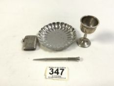 STERLING KINEDA 950 MARKED SCALLOP EDGED PIN TRAY, 42 GRAMS, SMALL SILVER EGG CUP, 28 GRAMS,