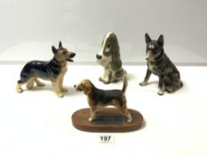 BESWICK FIGURE OF A CHAMPION BEAGLE WENDOVER BILLY, TWO CERAMIC ALSATIAN DOGS AND DROOPY DOG