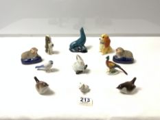 POOLE MODEL OF SEAL, TWO DISNEY PORCELAIN CHARACTERS, TWO USSR BIRDS, TWO SMALL STAFFORDSHIRE SHEEP