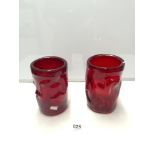 TWO KNOBBLY DEEP RED WHITEFRIARS GLASS VASES 21CMS