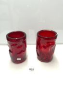 TWO KNOBBLY DEEP RED WHITEFRIARS GLASS VASES 21CMS