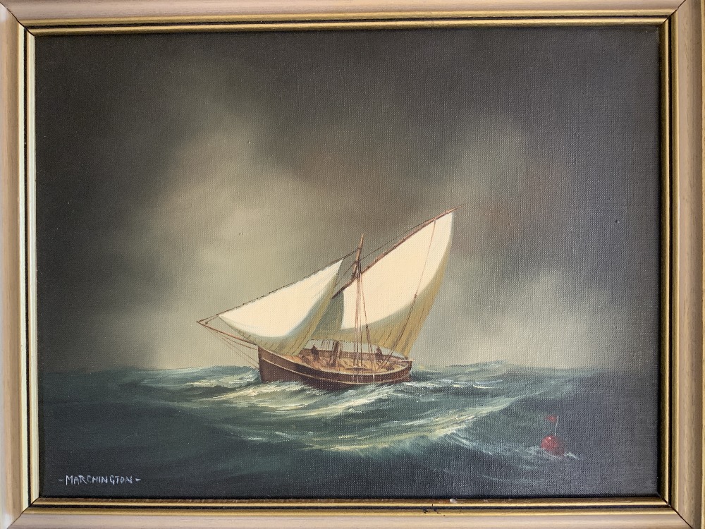 OIL ON CANVAS - SAILING BOAT IN A CHOPPY SEA, SIGNED MARCHINGTON, 30 X 40CMS WITH ONE WATERCOLOUR - Image 4 of 6