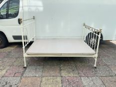 VICTORIAN PAINTED IRON AND BRASS BED AND BASE 4FT 6"