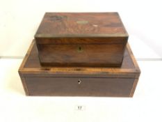 A VICTORIAN BRASS BAND WALNUT WRITING BOX, 34 X 22CMS, AND A MAHOGANY AND CROSSBANDED ROSEWOOD EARLY