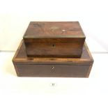 A VICTORIAN BRASS BAND WALNUT WRITING BOX, 34 X 22CMS, AND A MAHOGANY AND CROSSBANDED ROSEWOOD EARLY