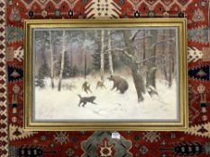 M. GACZOT 81, OIL ON CANVAS - BEAR FIGHTING DOGS IN SNOWY FOREST, 68 X 44CMS